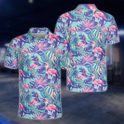 Flamingo Tropical Blue Golf Polo Shirt Men, Flamingo Golf Shirt GOF0151