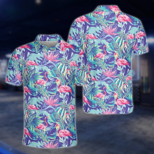 Flamingo Tropical Blue Golf Polo Shirt Men, Flamingo Golf Shirt GOF0151