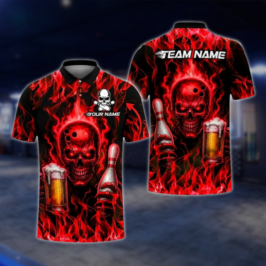 Personalised Blue Flame Skull And Beer Mens Bowling Polo Shirts, Custom Team Skull Bowling Shirts BZ0468 BOW0466
