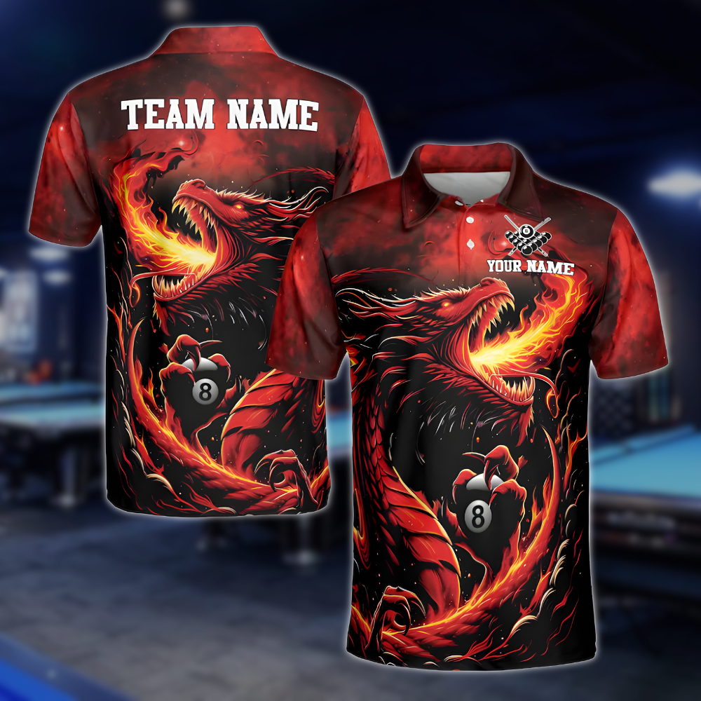Custom Flame Dragon 8 Ball Billiard Men's Polo Shirts, Custom Dragon Team Billiard Shirts BLD0107