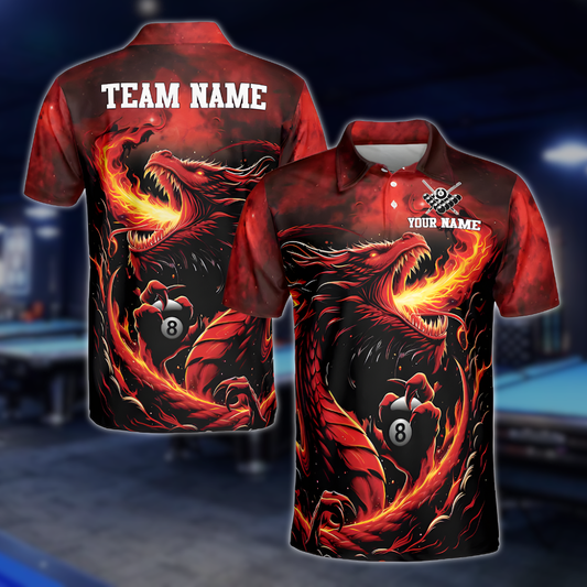 Custom Flame Dragon 8 Ball Billiard Men's Polo Shirts, Custom Dragon Team Billiard Shirts BLD0107