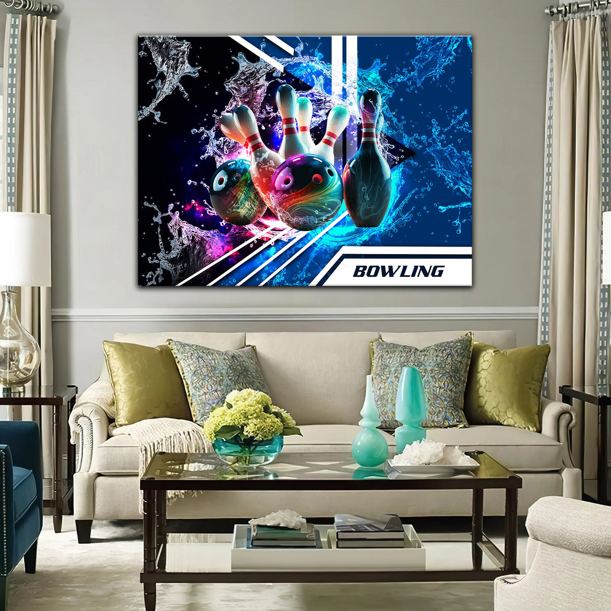Rainbow Bowling Ball And Pins On Water Graphic Printed Canvas Bowl Game Living Room Decor Gift For Bowlers ORN0119