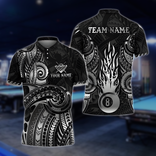 Custom Tribal Black And Grey 8 Ball Billiard Polo Shirt For Men, Custom Tribal Billiard Team Shirts BLD0009