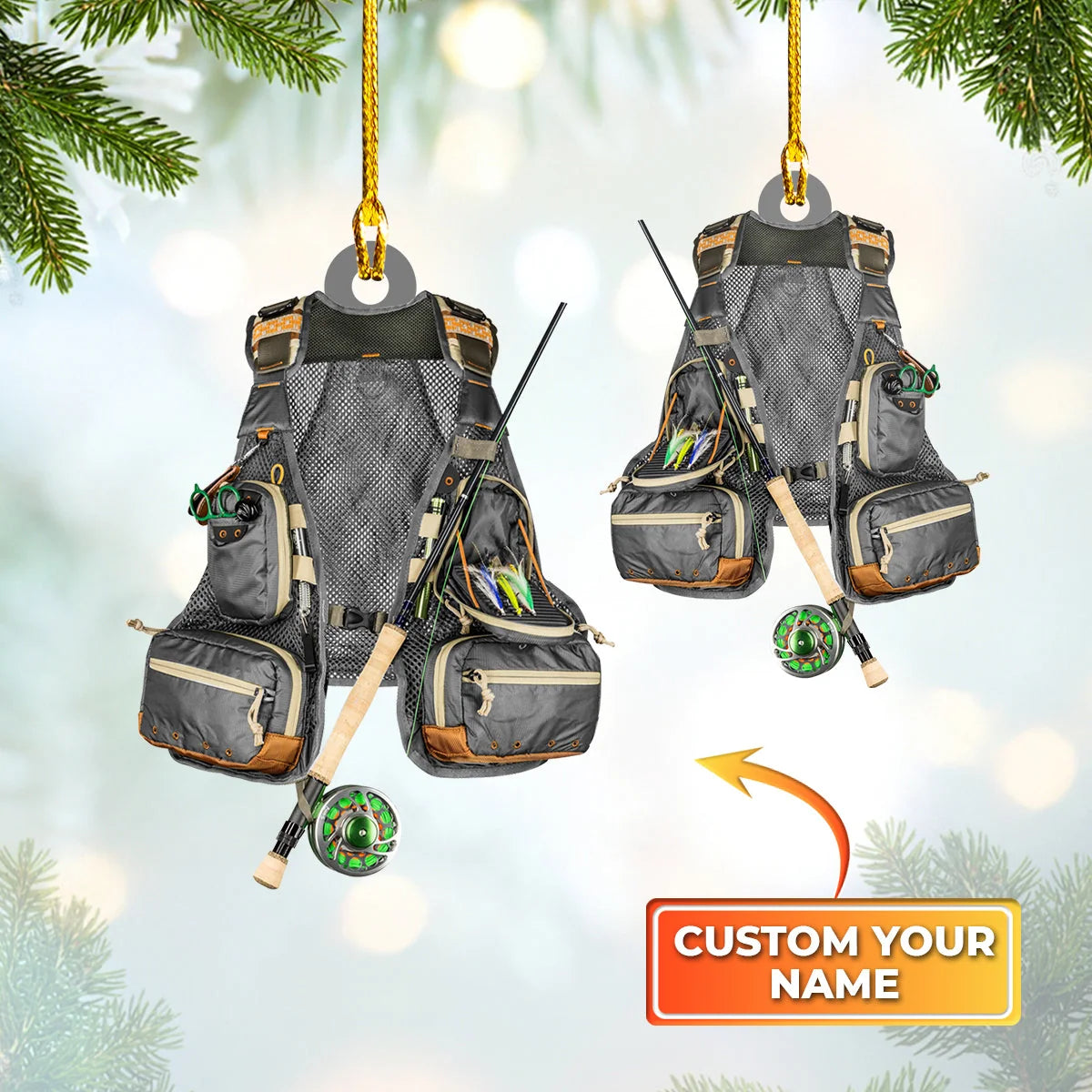 Fishing - Custom Shaped Ornament - Fishing Vest Orange Ornament Grey 02.1 ORN0065
