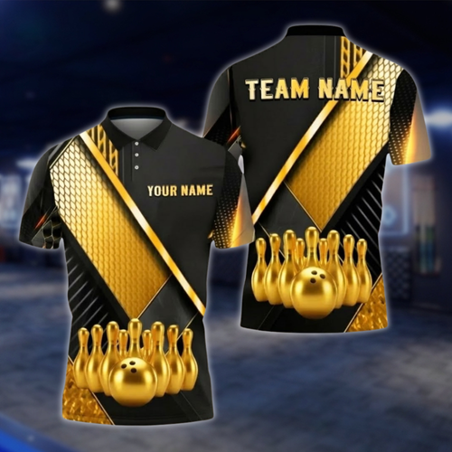 Personalized Mens Black And Gold Polo Bowling Team Shirts, Custom Team Bowling Shirt BZ0749 BOW0170