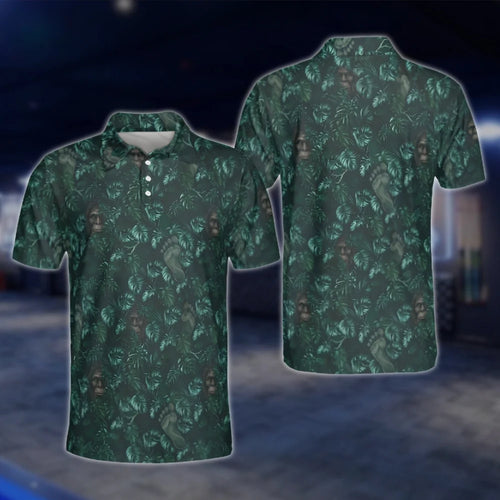 Bigfoot Tropical Men's Cyan Golf Polo Shirts, Bigfoot Sasquatch Golf Shirts GOF0219