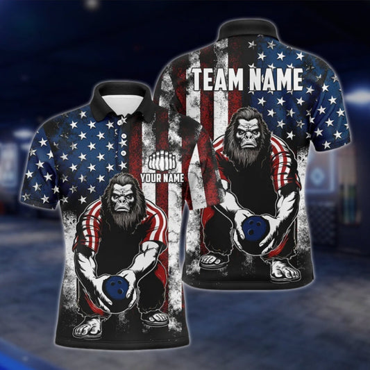 Bigfoot American Flag Custom Mens Bowling Polo Shirt, Custom Sasquatch Patriotic Bowling Team Shirts BO0301 BOW0260