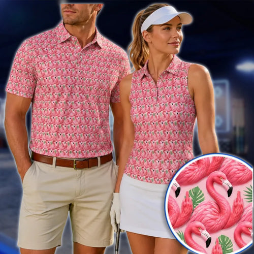 Flamingo Pink Tropical Matching Golf Shirt For His And Her, Matching Flamingo Couple Golf Shirt GOF0078