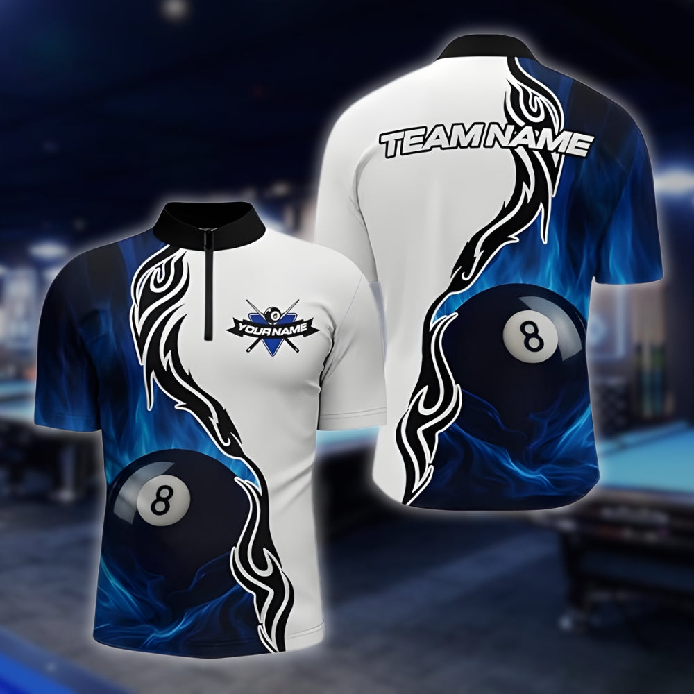 Custom Blue Flame 8 Ball Billiard Men's Jersey, Custom 8 Ball Billiard Team Shirts BLD0103