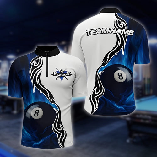 Custom Blue Flame 8 Ball Billiard Men's Jersey, Custom 8 Ball Billiard Team Shirts BLD0103