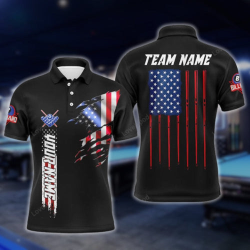 American Flag Custom Men's Black Billiard Polo Shirt, Custom Patriotic Billiard Shirts For Team BLD0039