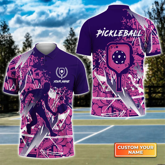 Pickleball - Scritch Man Purple Pink Pattern Personalized Name 3D Polo Shirt QB95 Gift For Pickleball Player PKL0089