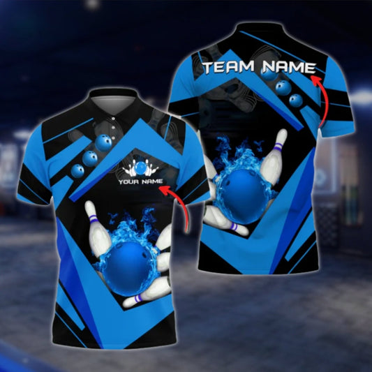 Custom Team Flame Ball Bowling Polo Shirt For Mens, Blue Black Custom Bowling Team Shirts BO0375 BOW0400