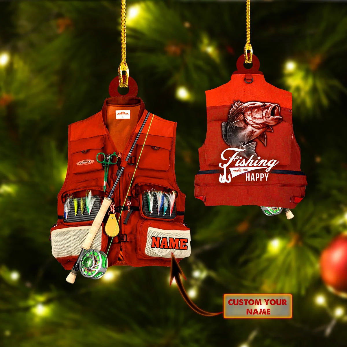 Fishing Ornament - Custom Shaped Ornament - Fishing Vest Orange Ornament ORN0031