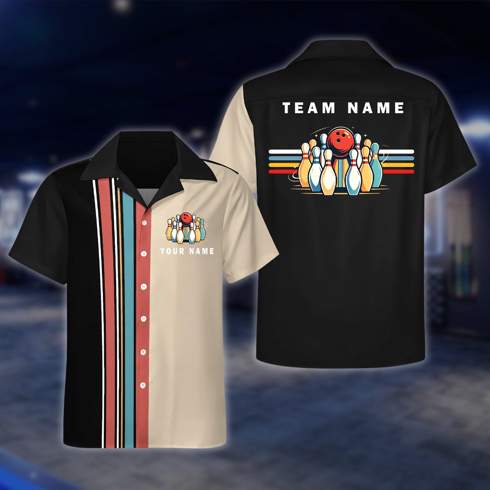 Personalized Retro Black Beige Bowling Hawaiian Shirt, Custom Retro Team Bowling Shirt BE0251 BOW0031