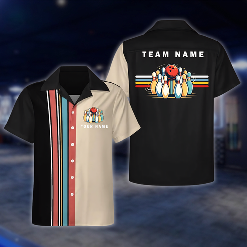 Personalized Retro Black Beige Bowling Hawaiian Shirt, Custom Retro Team Bowling Shirt BE0251 BOW0031