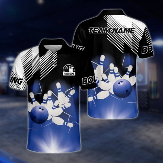 Custom Team Blue Black White Bowling Mens Polo Shirt, Custom Bowlong Shirts BZ0164 BOW0380