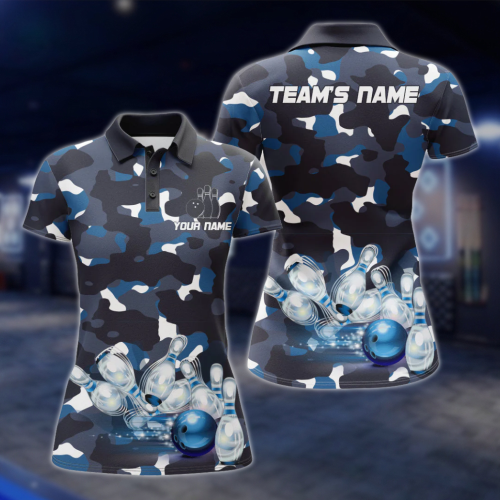 Custom Womens Camo Blue Bowling Polo Shirt, Custom Camo Bowling Team Shirt For Ladies BZ0486 BOW0280
