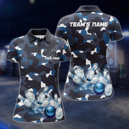 Custom Womens Camo Blue Bowling Polo Shirt, Custom Camo Bowling Team Shirt For Ladies BZ0486 BOW0280