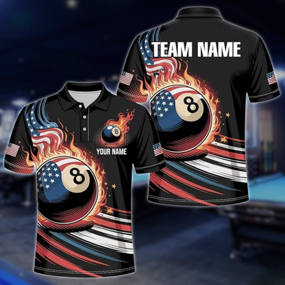 Custom American Flag 8 Ball Billiard Men Polo Shirts, Custom Patriotic Billiard Team Shirts BLD0186