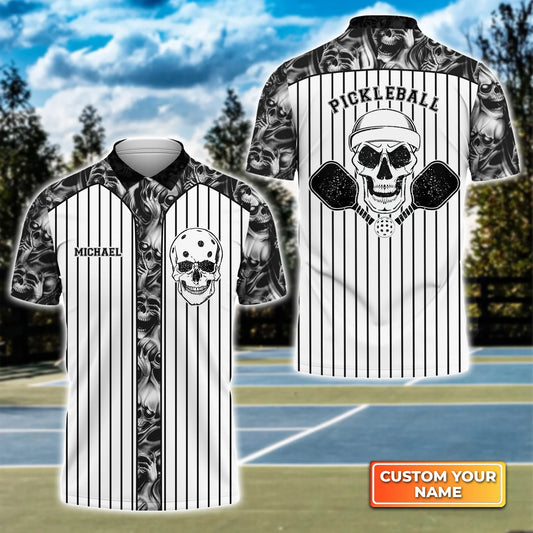 Skull Vertical Stripes Personalized Name 3D Polo Shirt QB95 Gift For Pickleball Player PKL0083