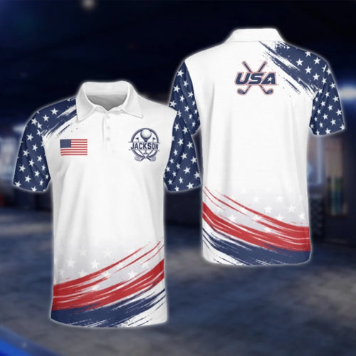 Personalised USA Flag Golf Polo Shirts For Men, Custom Patriotic Golf Shirts GOF0212