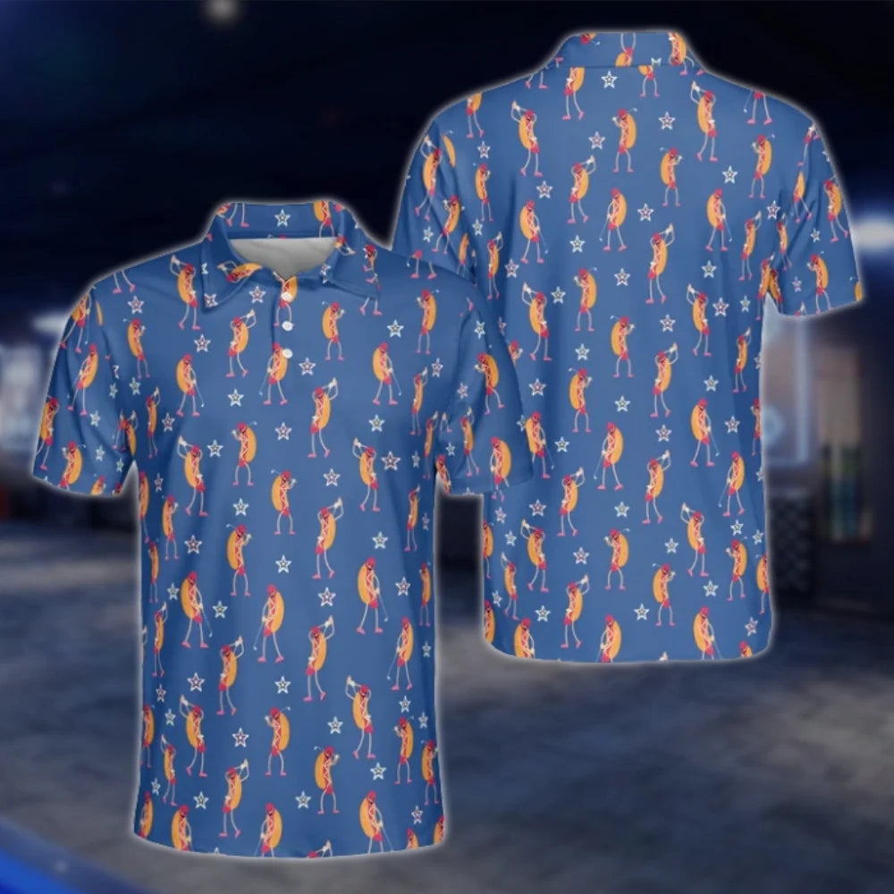 Funny Hot Dog Blue Golf Polo Shirts For Men, Hot Dog Golf Shirts GOF0263