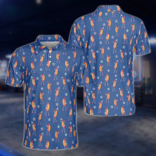 Funny Hot Dog Blue Golf Polo Shirts For Men, Hot Dog Golf Shirts GOF0263