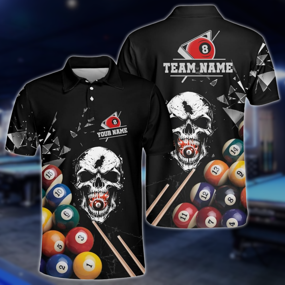 Custom Skull Black Billiard Polo Shirt Mens, Custom Skull Pool Billiard Team Shirts BLD0232