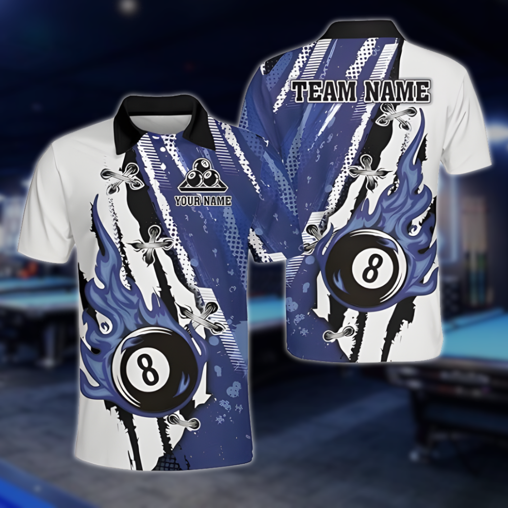 Custom Flaming 8 Ball Blue And White Billiard Men's Polo Shirt, Custom 8 Ball Billiard Team Shirts BLD0259