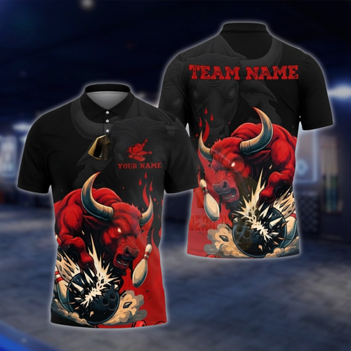 Personalized Bull Men's Red And Black Bowling Polo Shirt, Custom Bull Team Bowling Shirt BZ0932 BOW0007