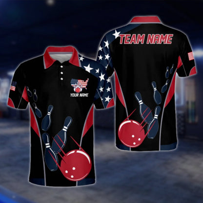 Custom USA Flag Blue Red Black Bowling Polo Shirt For Mens, Custom Team Patriot Bowling Shirts BO0332 BOW0258