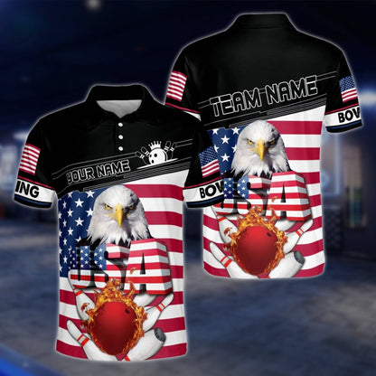 Custom Eagle American Flag Bowling Mens Polo Shirt, Custom Patriotic Eagle Bowling Team Shirts BO0087 BOW0196