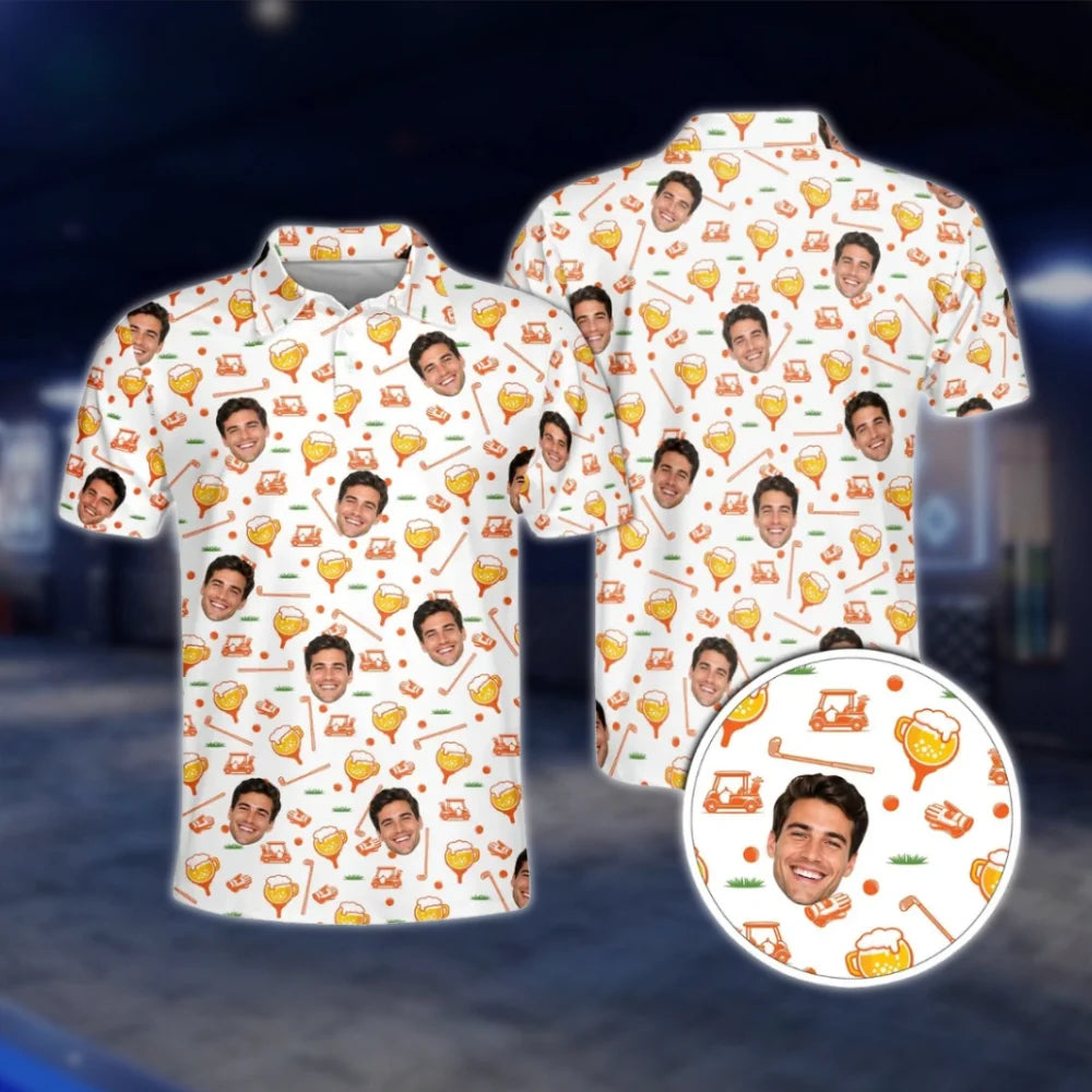 Custom Face Beer Golf Polo Shirt Men, Personalized Beer Lover Golf Shirt With Photo GOF0067