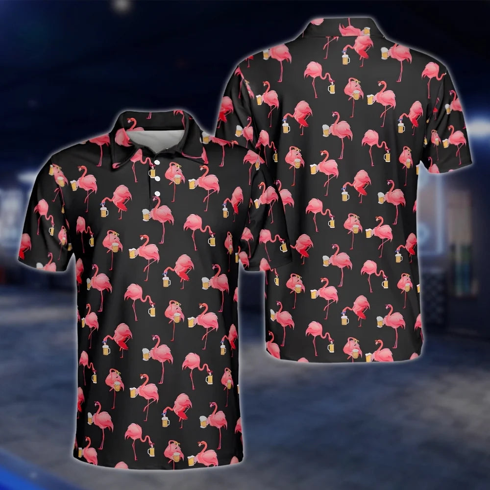 Flamingo And Beer Men's Black Pink Golf Polo Shirt, Flamingo Golf Shirts GOF0167