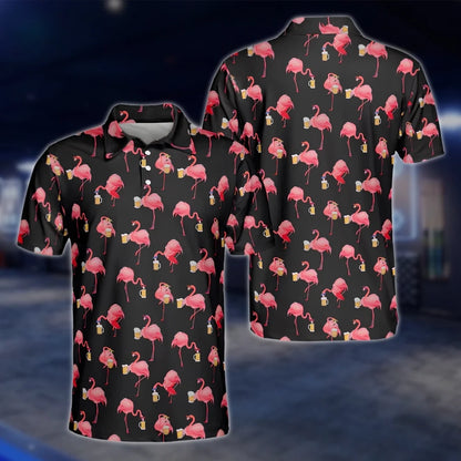 Flamingo And Beer Men's Black Pink Golf Polo Shirt, Flamingo Golf Shirts GOF0167