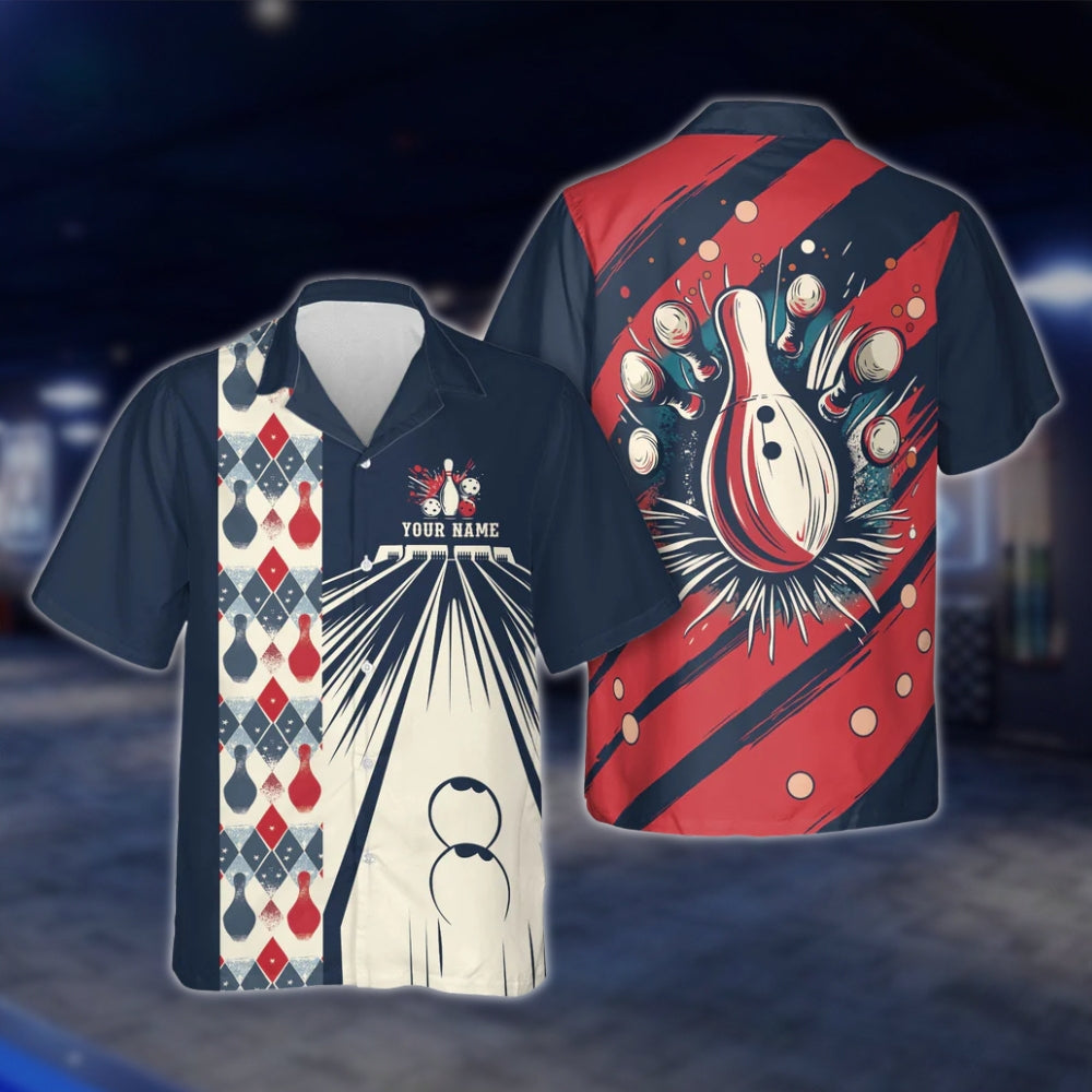 Custom Retro Red White Blue Hawaiian Bowling Shirt For Men Women, Custom Retro Bowling Shirts BE0009 BOW0351