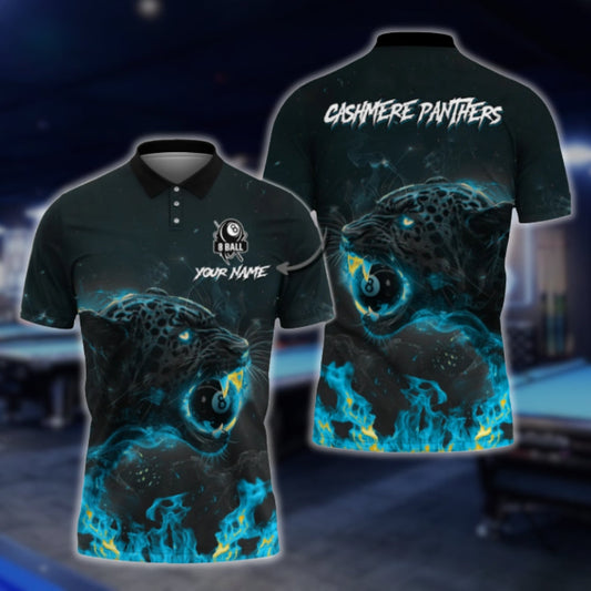 Custom Blue Flame Panther 8 Ball Billiard Men Polo Shirt, Custom Panther Billiard Team Shirts BLD0058