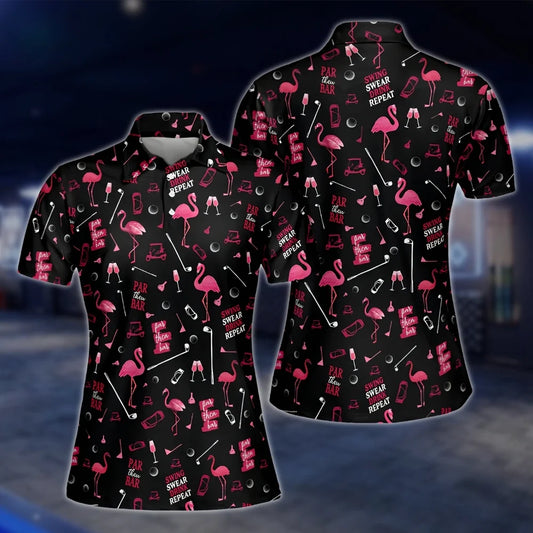 Pink Flamingo Golf Polo Shirts For Women, Ladies Flamingo Golf Shirts GOF0280