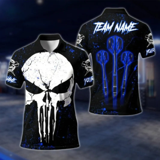 Custom Skull Blue Black Dart Polo Shirt For Men, Custom Skeleton Dart Team Shirts DAT0347