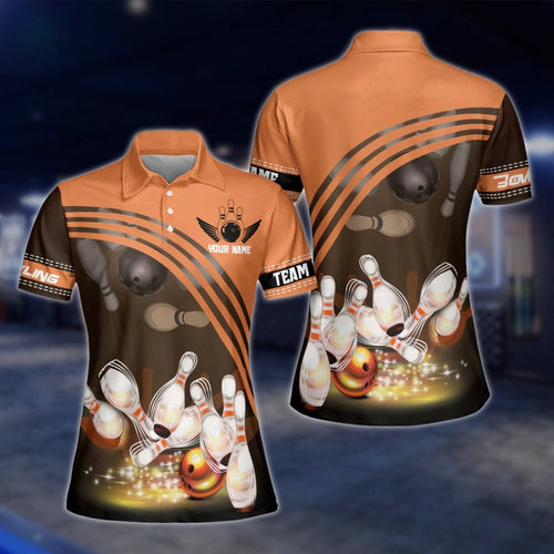 Custon Team Orange Black Womens Bowling Polo Shirt, Custom Bowling Shirt For Ladies BZ0261 BOW0235
