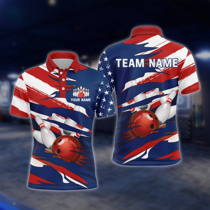 Personalized USA Flag Grunge Bowling Polo Shirt For Men, Custom Patriotic Bowling Shirts Team BZ0742 BOW0177