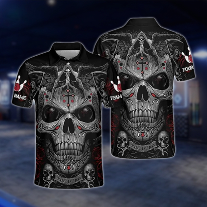 Personalized Reaper Skull Cross Bowling Polo Shirt For Men, Custom Skull Team Bowling Shirt BZ0782 BOW0125