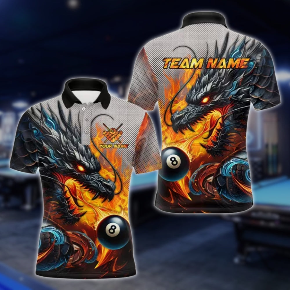 Custom Dragon 8 Ball Men Polo Shirt, Custom Dragon Flame Billiard Team Shirts BLD0138