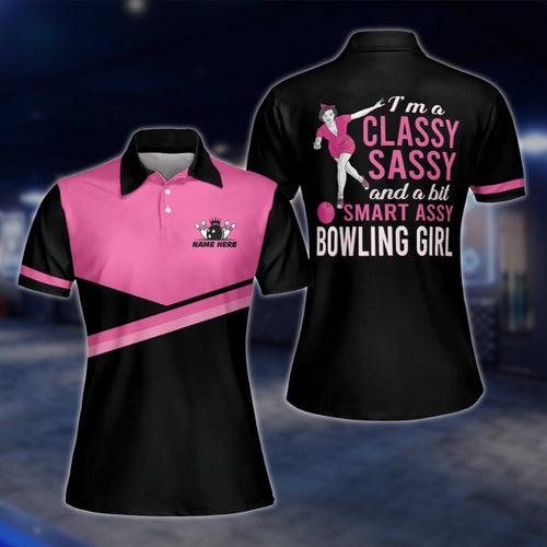 I'm A Classy Sassy And A Bit Smart Assy Bowling Girl Custom Black Pink Bowling Polo Shirt, Custom Funny Bowling Shirt For Womens BW0044 BOW0236