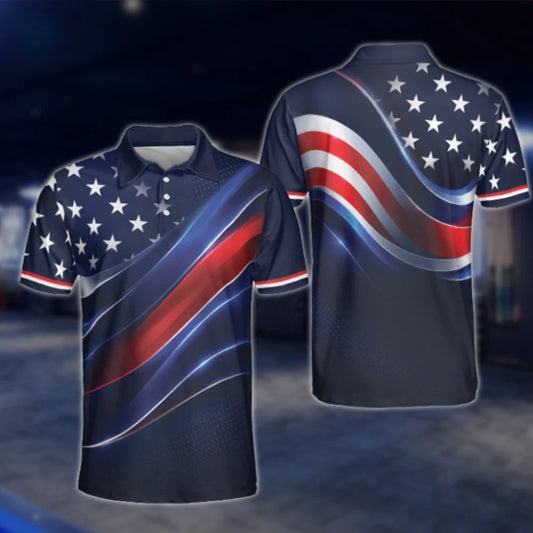 American Flag Navy Golf Polo Shirts For Men, Patriotic 4th Of July Golf Shirts GOF0215