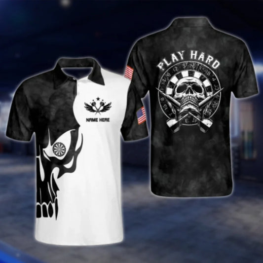 Play Hard Custom Skeleton Dart Polo Shirt For Men, Black And White Custom Skull Dart Shirts DAT0451
