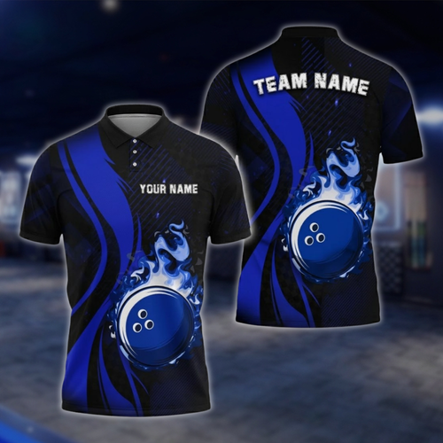 Personalized Flame Ball Men's Blue Black Bowling Polo Shirt, Custom Flame Bowling Team Shirts BZ0746 BOW0173