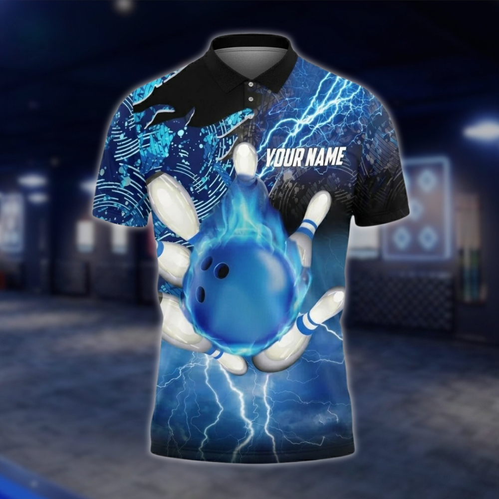 Personalized Flame Men's Blue Bowling Polo Shirt, Custom Team Flame Bowling Shirts BZ0734 BOW0001