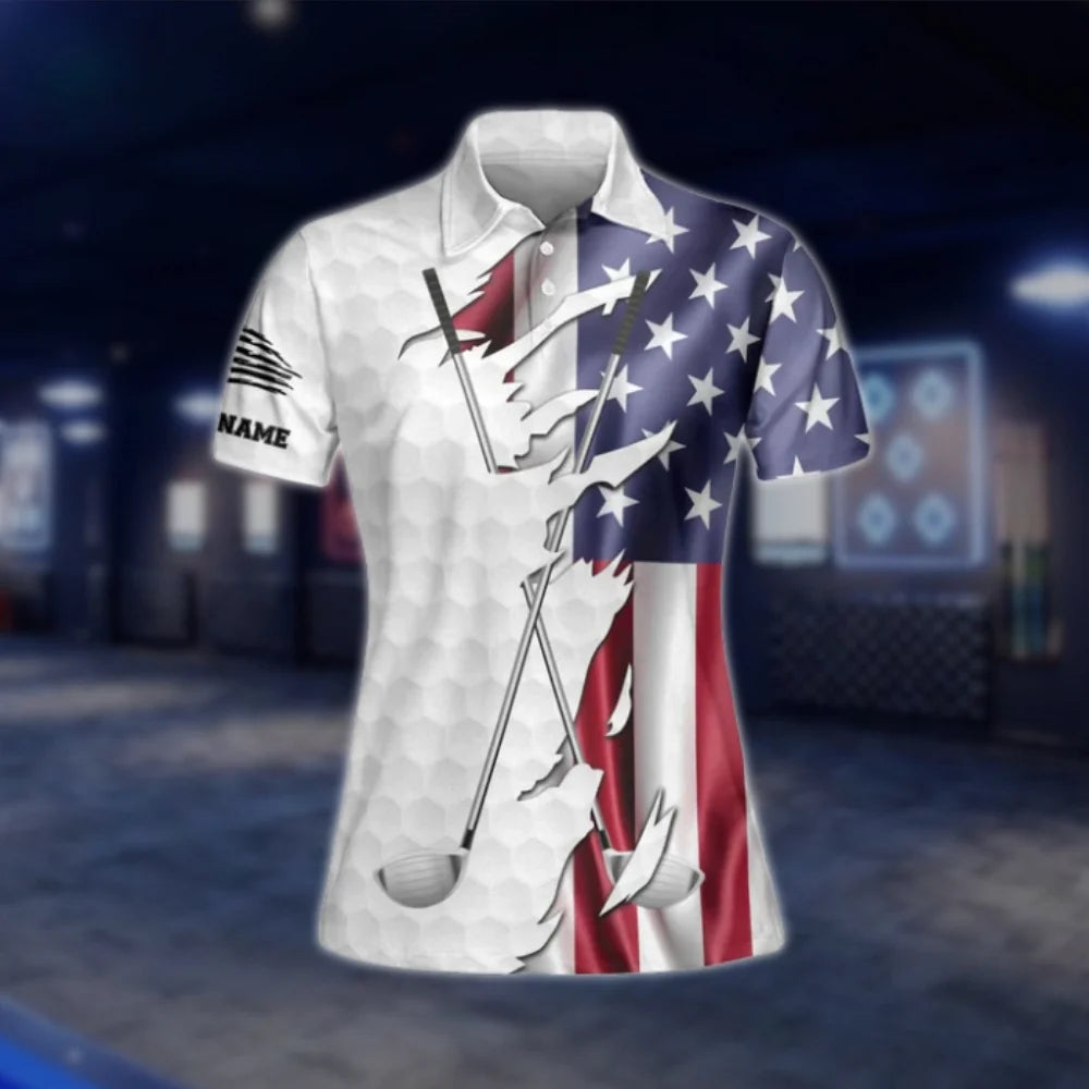Personalised American Flag Golf Polo Shirts Women, Custom Women's Patriotic Golf Shirts GOF0273